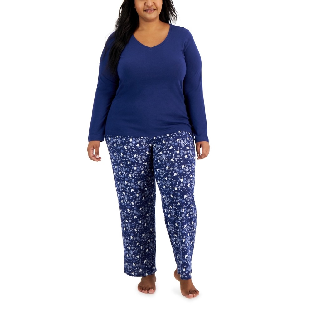 Charter Club Long-Sleeve Top & Printed Pants Cotton Pajama Set - Winter Penguins